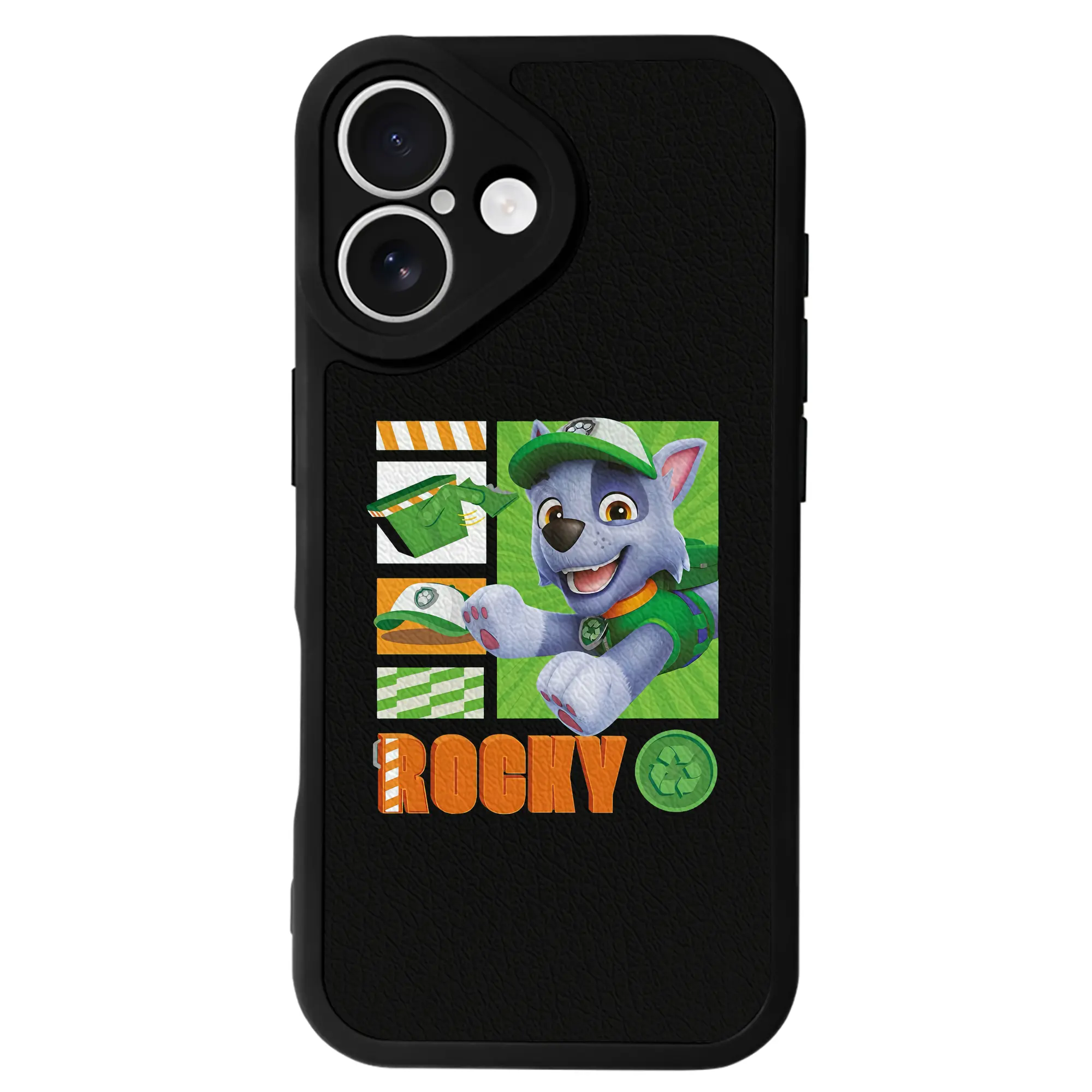 パウ・パトロール グッズ ロッキー - IPhone 16シリーズ対応 ・ シリコンスマホケース ・ レザー調 ・ 高精度フィット ・ 耐衝撃 ・ ワイヤレス充電対応 ・ 精密カット